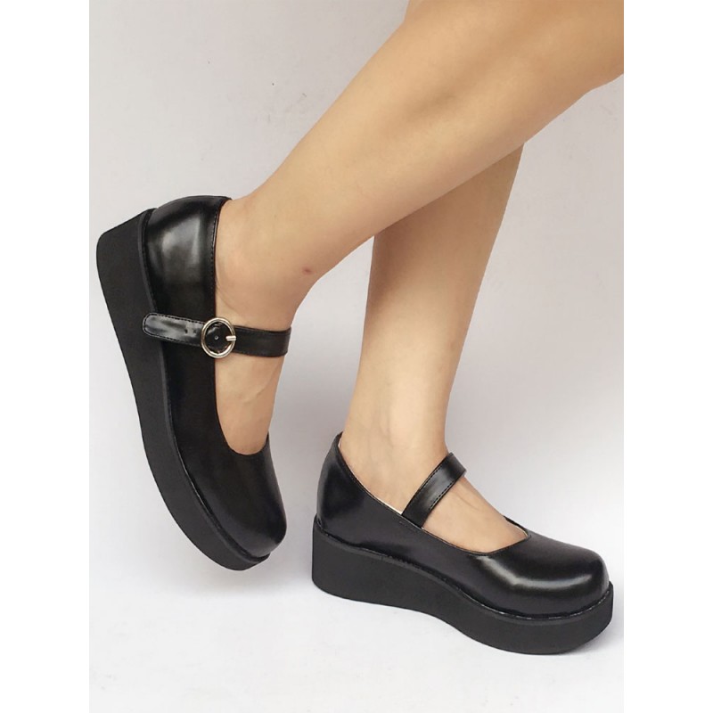 Platform Lolita Pumps Shoes Ankle Strap Black Wedge Shoes