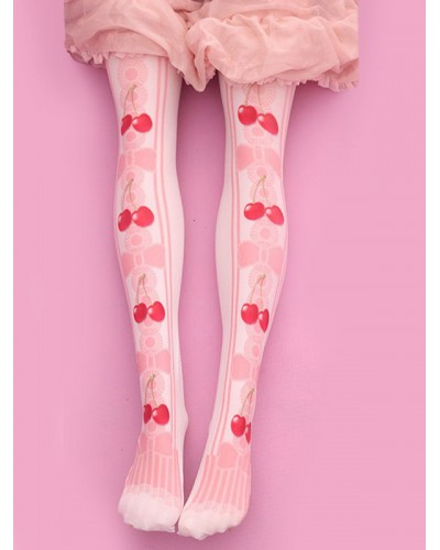 Sweet Lolita Stockings Pink Velvet Cherry Printed Lolita Knee High Socks Daily Casual