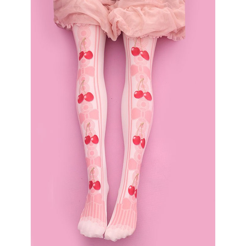 Sweet Lolita Stockings Pink Velvet Cherry Printed Lolita Knee High Socks Daily Casual