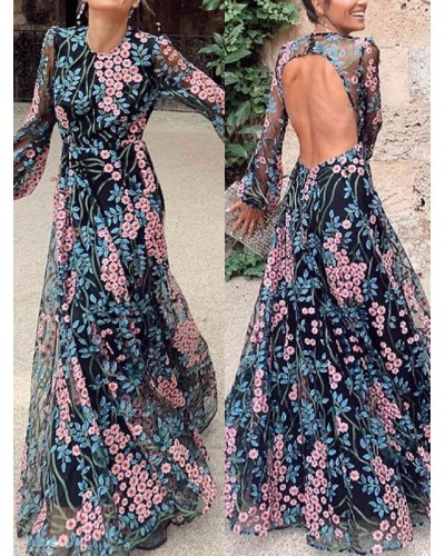 Women Floral Dress Backless Long Sleeves Floor Length Dress Maxi Spring Summer Fall