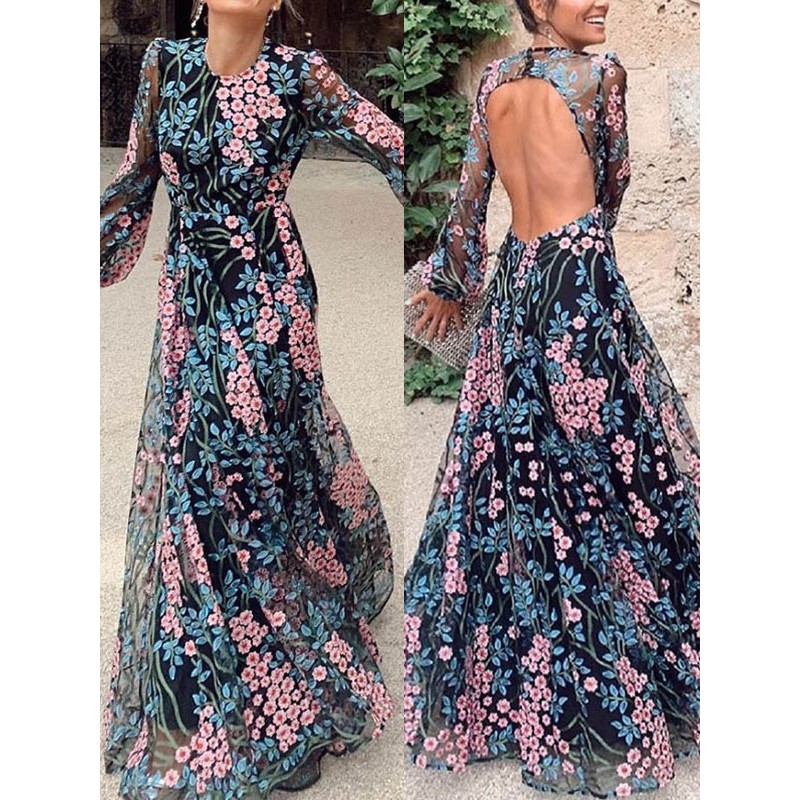 Women Floral Dress Backless Long Sleeves Floor Length Dress Maxi Spring Summer Fall