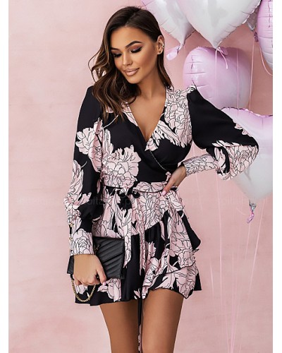 Dresses Black Floral Long Sleeves Lace Up Short Dress Mini Spring