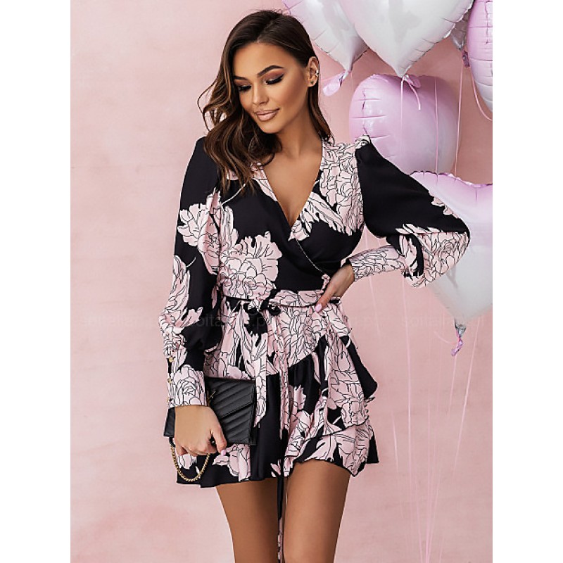 Dresses Black Floral Long Sleeves Lace Up Short Dress Mini Spring