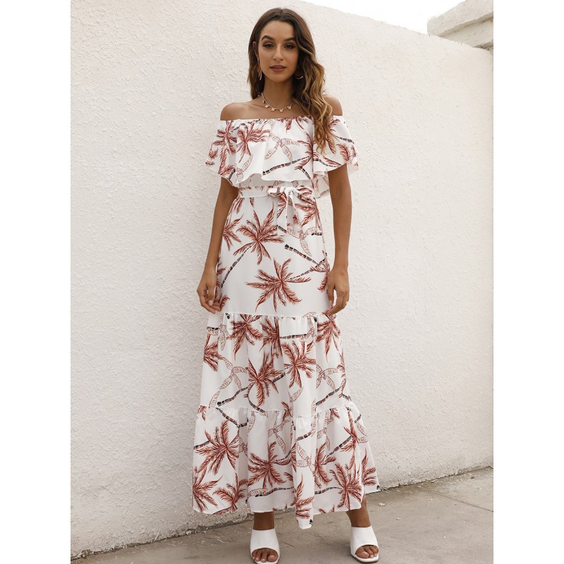 Women Dresses Short Sleeves Leopard Floral Print Off The Shoulder Pleated Layered Long Dress Maxi Summer