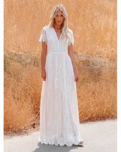 Women V-Neck Maxi Dress Half Sleeves Lace Floor Length Dress Bohemian Summer