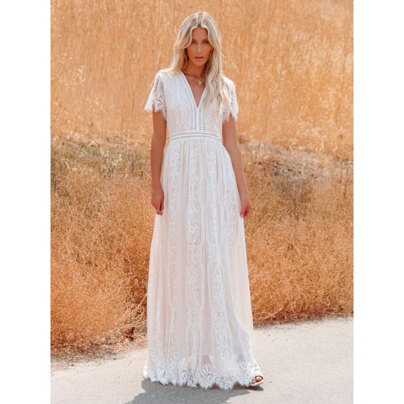 Women V-Neck Maxi Dress Half Sleeves Lace Floor Length Dress Bohemian Summer