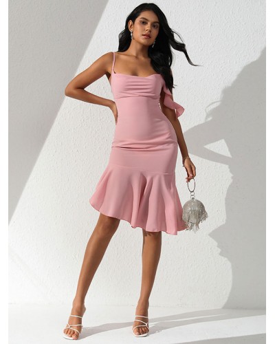 Dresses Pink Straps Neck Ruffles Chic Summer Midi Dress Bodycon Daily Casual Party Dating