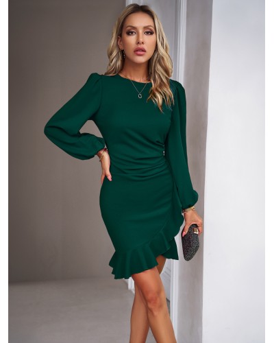 Women Dresses Burgundy Long Sleeves Ruffles Casual Jewel Neck Body-conscious Sheath Dress Bodycon Street Wear Daily Casual Dating