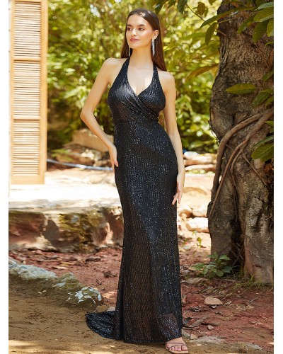 Women Party Dresses Black V-Neck Sequins Sleeveless Backless Semi Formal Dress Sexy Elegant Spring Summer Fall