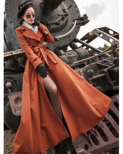 Woman Outerwear Orange Red V Neck Long Sleeves Sash Stretch Maxi Coat Casual