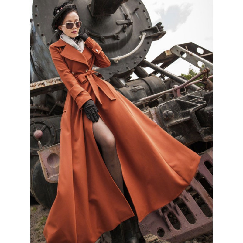 Woman Outerwear Orange Red V Neck Long Sleeves Sash Stretch Maxi Coat Casual