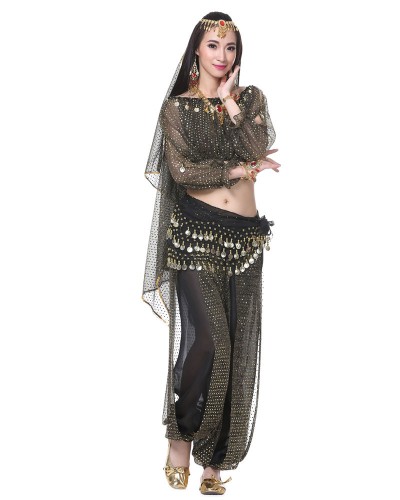 Women Belly Dance Waist Chain Black Gold Adult's Sequins Chiffon Belly Dance Wear Dress