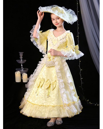 Polyester Fiber Tea Party Bows 3/4 Length Sleeves Polyester Jumpsuit ROCOCO Style Blond Kids' Lolita Dresses