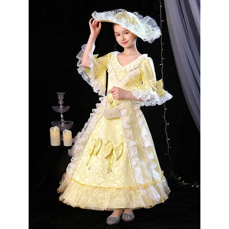 Polyester Fiber Tea Party Bows 3/4 Length Sleeves Polyester Jumpsuit ROCOCO Style Blond Kids' Lolita Dresses