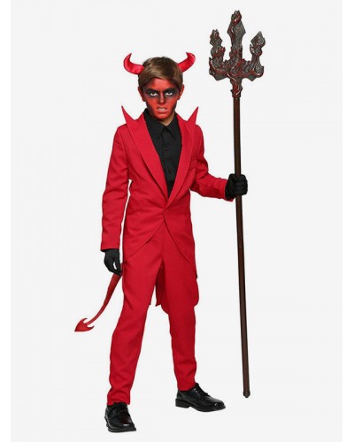 Kids Halloween Costumes Red Devil Polyester Top Headwear Boys Cosplay Costume Full Set Holiday