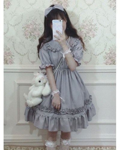 Classic Lolita OP Dress Ruffle Button Decor Grey Lolita One Piece Dress Classic  Traditional Spring Summer Daily Casual Tea Party