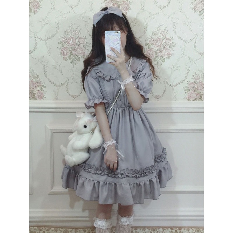 Classic Lolita OP Dress Ruffle Button Decor Grey Lolita One Piece Dress Classic  Traditional Spring Summer Daily Casual Tea Party