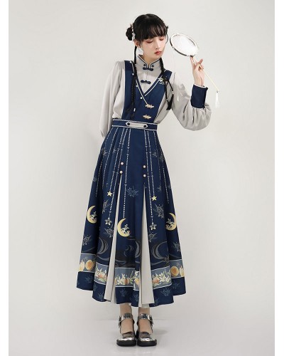 Chinese Style Lolita Dress Crochet Long Sleeves Polyester Chinese Style Floral Print Dark Navy Chinese Style Lolita