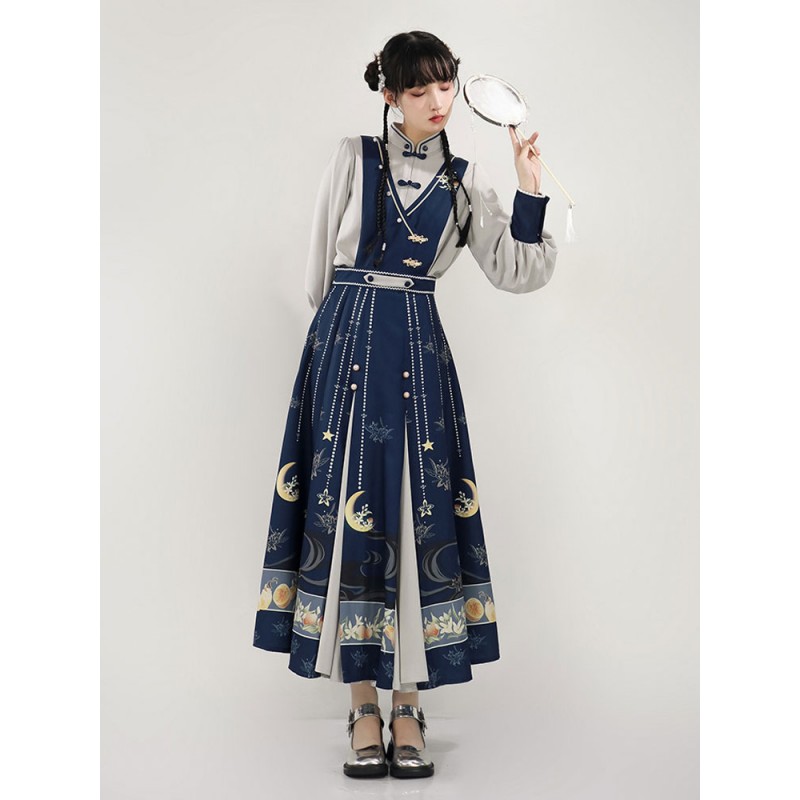 Chinese Style Lolita Dress Crochet Long Sleeves Polyester Chinese Style Floral Print Dark Navy Chinese Style Lolita