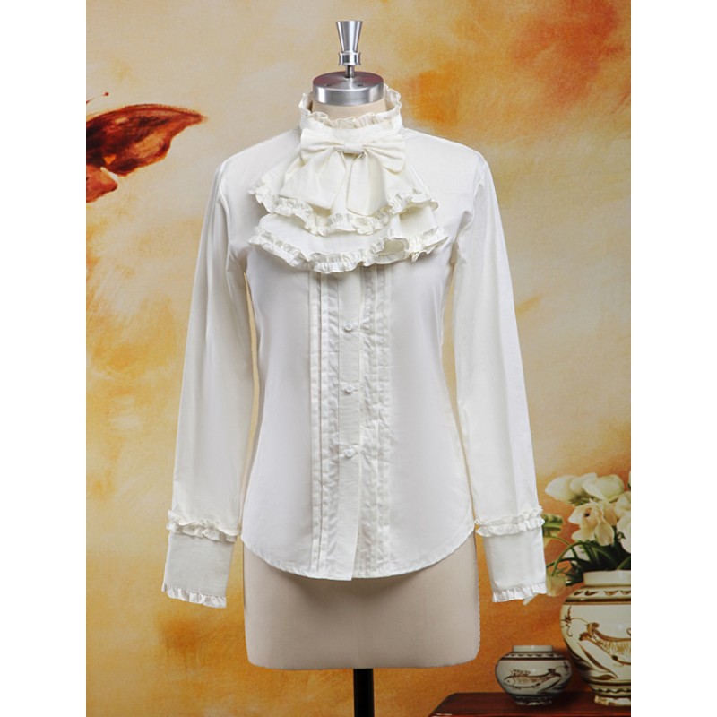 Chiffon Blouse Long Sleeves Stand Collar Ruffles Bow Prince Daily Casual