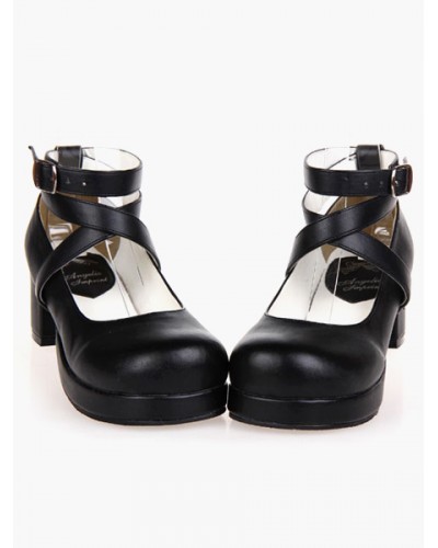 Black Lolita Heels Square Platform Ankle Straps Chunky Heel Lolita Shoes