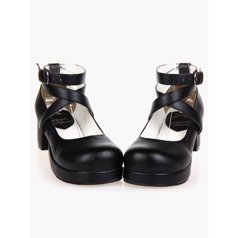 Black Lolita Heels Square Platform Ankle Straps Chunky Heel Lolita Shoes