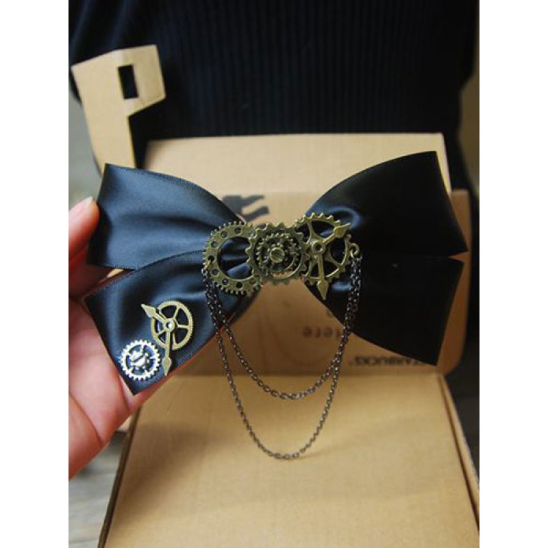 Lolita Hair Clip Satin Bow Metallic Chain Black Lolita Hair Accessory Steampunk