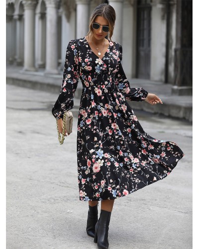 Women Floral Dress V-Neck Long Sleeves Chic Midi Dress Bodycon Spring Fall