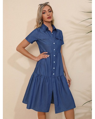 Shirt Midi Dress Blue Turndown Collar Buttons Short Sleeves Denim Layered Dress Summer Street Wear Daily Casual Resort Wear