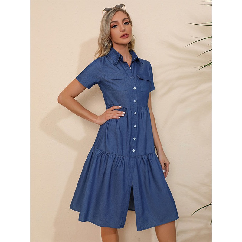 Shirt Midi Dress Blue Turndown Collar Buttons Short Sleeves Denim Layered Dress Summer Street Wear Daily Casual Resort Wear