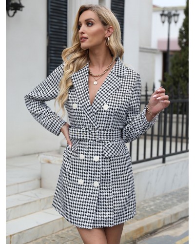 Blazer Dress Houndstooth Plaid Double Breasted Slim Fit Casual Belt Spring Fall Outerwear For Women Classic  Traditional