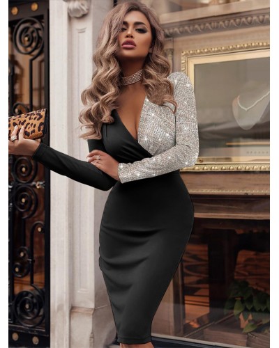 Women Birthday Bodycon Dress Black Long Sleeves V Neck Classic Midi Dress Classic  Traditional Fall