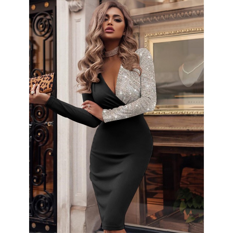 Women Birthday Bodycon Dress Black Long Sleeves V Neck Classic Midi Dress Classic  Traditional Fall