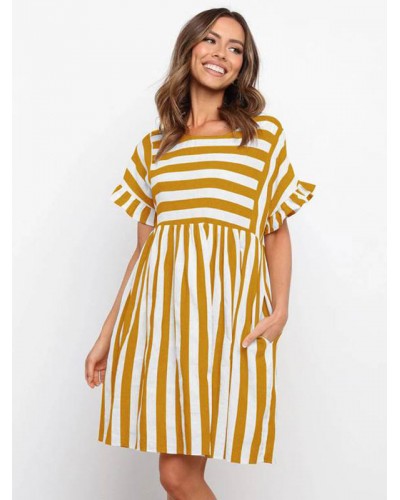 Women Yellow Dresses Jewel Neck Ruffles Oversized Stripes Tube Dress Shift Field Street Wear Indoor