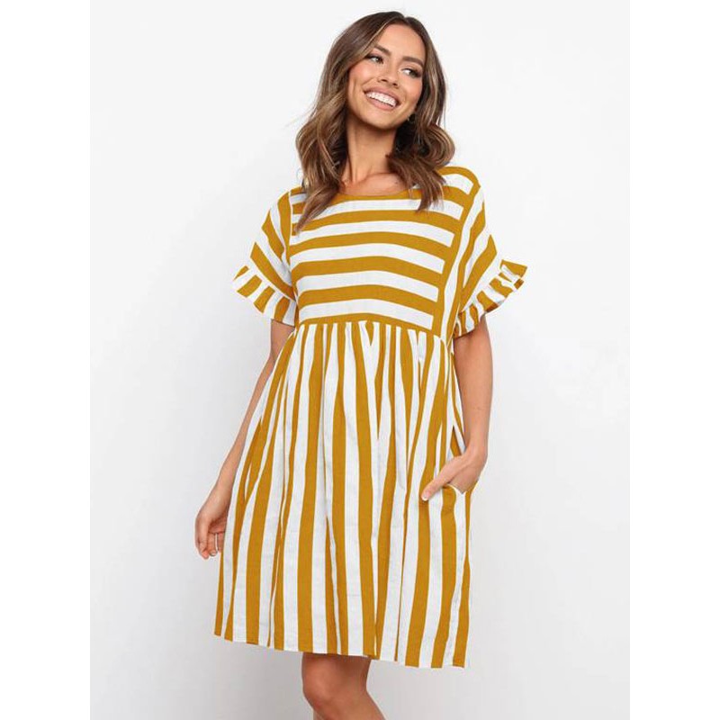 Women Yellow Dresses Jewel Neck Ruffles Oversized Stripes Tube Dress Shift Field Street Wear Indoor