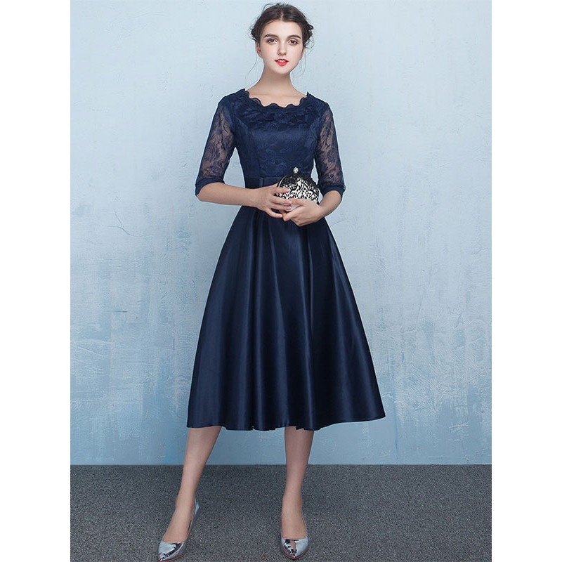 Women Party Dresses Black Jewel Neck Lace Half Sleeves Semi Formal Dress Classic  Traditional Spring Summer Fall