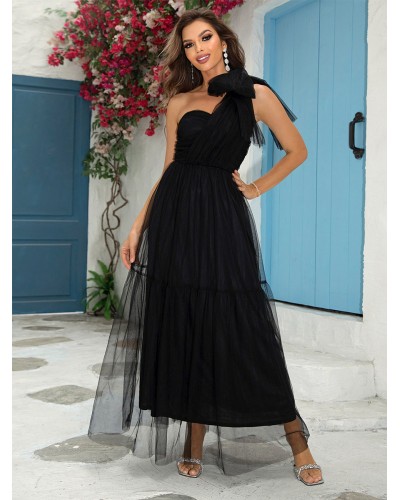 Dresses Black One-Shoulder Pleated Sleeveless Semi Formal Dress Maxi Party Birthday