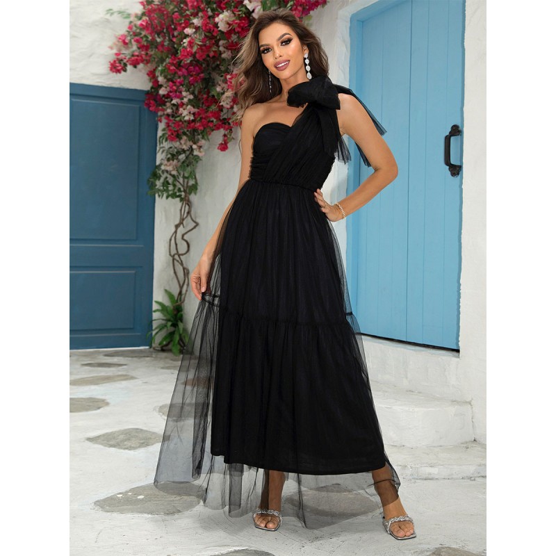 Dresses Black One-Shoulder Pleated Sleeveless Semi Formal Dress Maxi Party Birthday