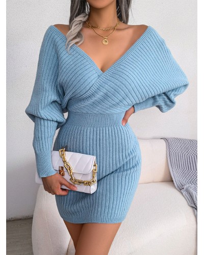 Women's Knitted Dress Beautiful Acrylic Long Sleeves V-Neck Winter Dresses Sexy Street Wear