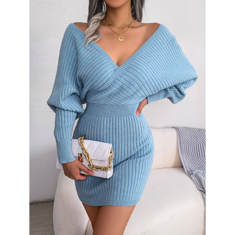 Women's Knitted Dress Beautiful Acrylic Long Sleeves V-Neck Winter Dresses Sexy Street Wear