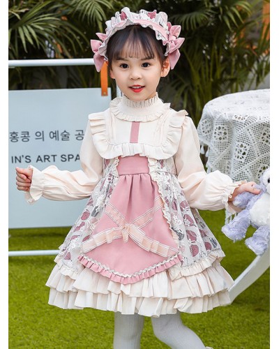 Polyester Daily Casual Ruffles Long Sleeves Polyester Fall Dress Floral Print Pink Kids' Lolita Dresses Sweet ROCOCO