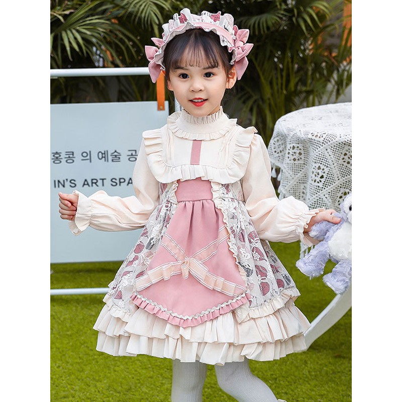 Polyester Daily Casual Ruffles Long Sleeves Polyester Fall Dress Floral Print Pink Kids' Lolita Dresses Sweet ROCOCO