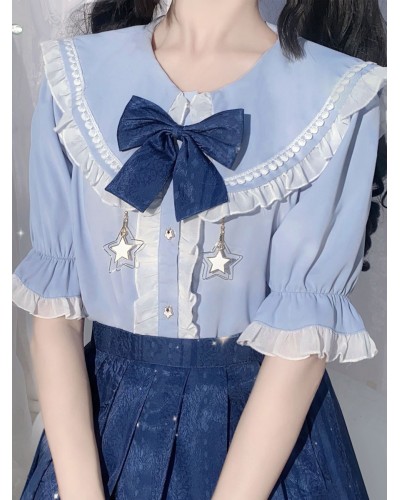 Lolita Lolita Top Ruffles Short Sleeves Blouse Light Sky Blue Lolita Shirt Blouses Sweet Academic Daily Casual Tea Party