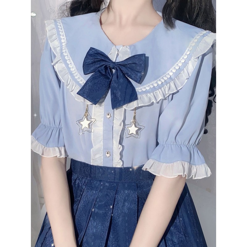 Lolita Lolita Top Ruffles Short Sleeves Blouse Light Sky Blue Lolita Shirt Blouses Sweet Academic Daily Casual Tea Party