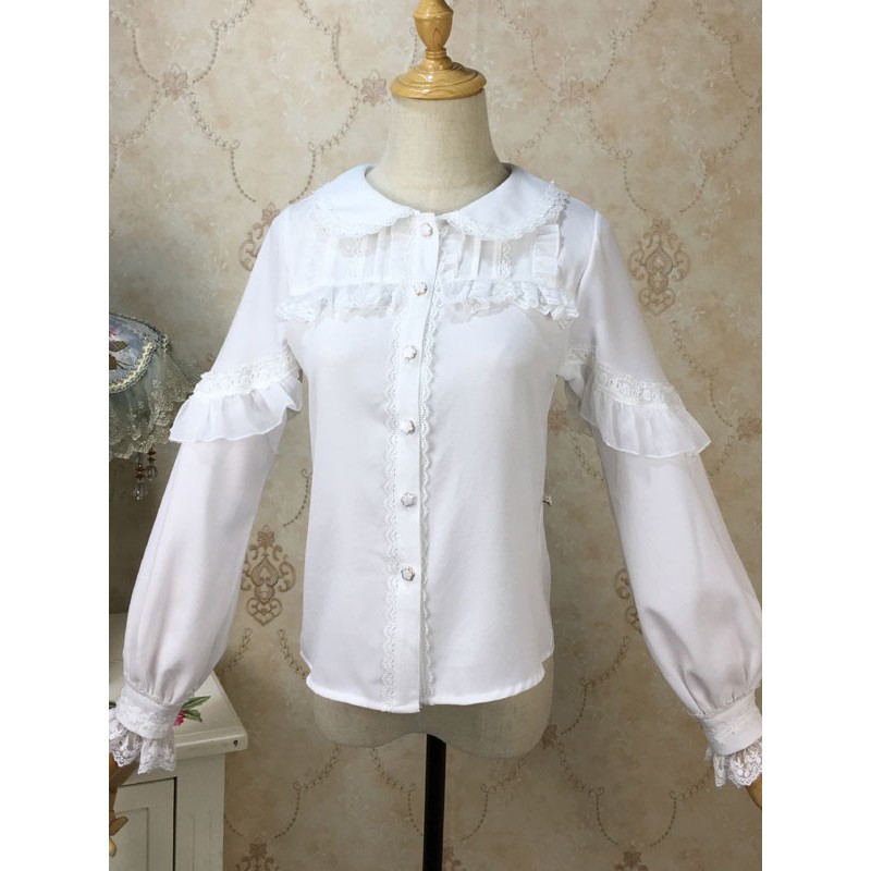 White Lolita Blouses Long Sleeves Ruffles  Lolita Top Lace Lolita Shirt Spring Summer