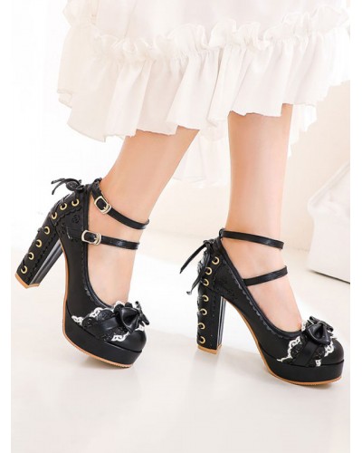 Sweet Lolita Footwear Bows Round Toe Lace Up Leather Lolita Pumps Daily Casual