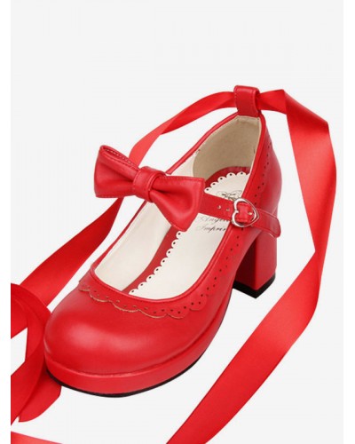 Sweet Lolita Heels Petal Bow Strappy Tie Leg Chunky Heel Red Lolita Shoes