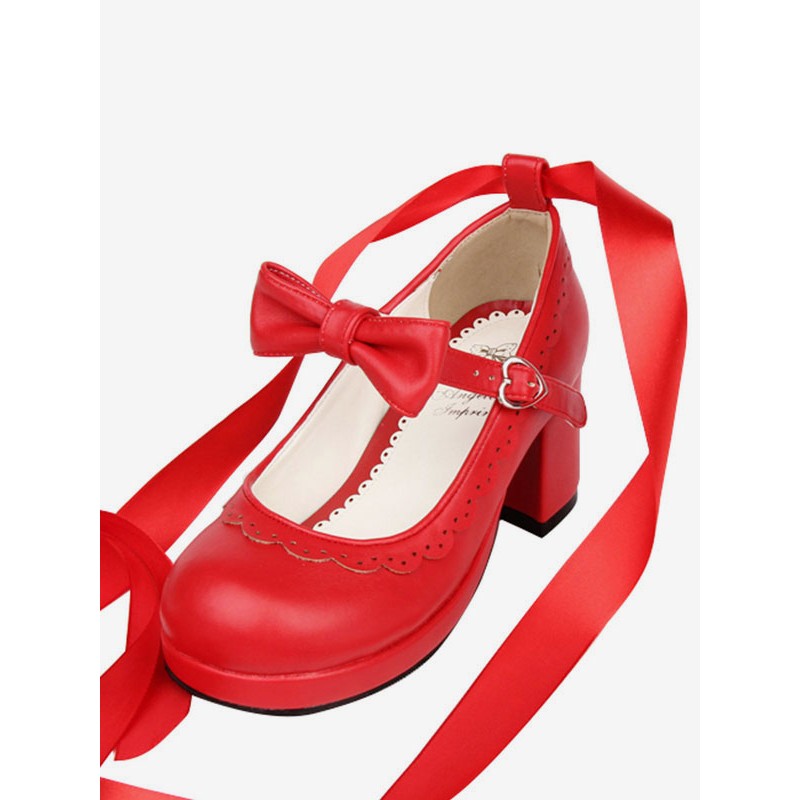 Sweet Lolita Heels Petal Bow Strappy Tie Leg Chunky Heel Red Lolita Shoes