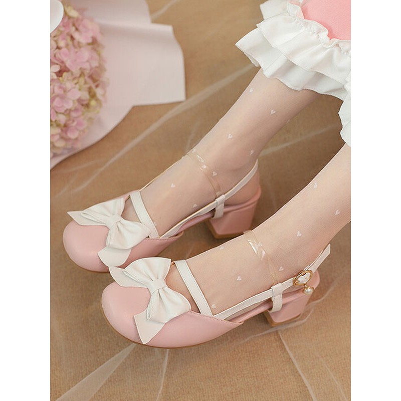 ROCOCO Style Lolita Sandals Bows Pearls Round Toe PU Leather White Lolita Summer Shoes