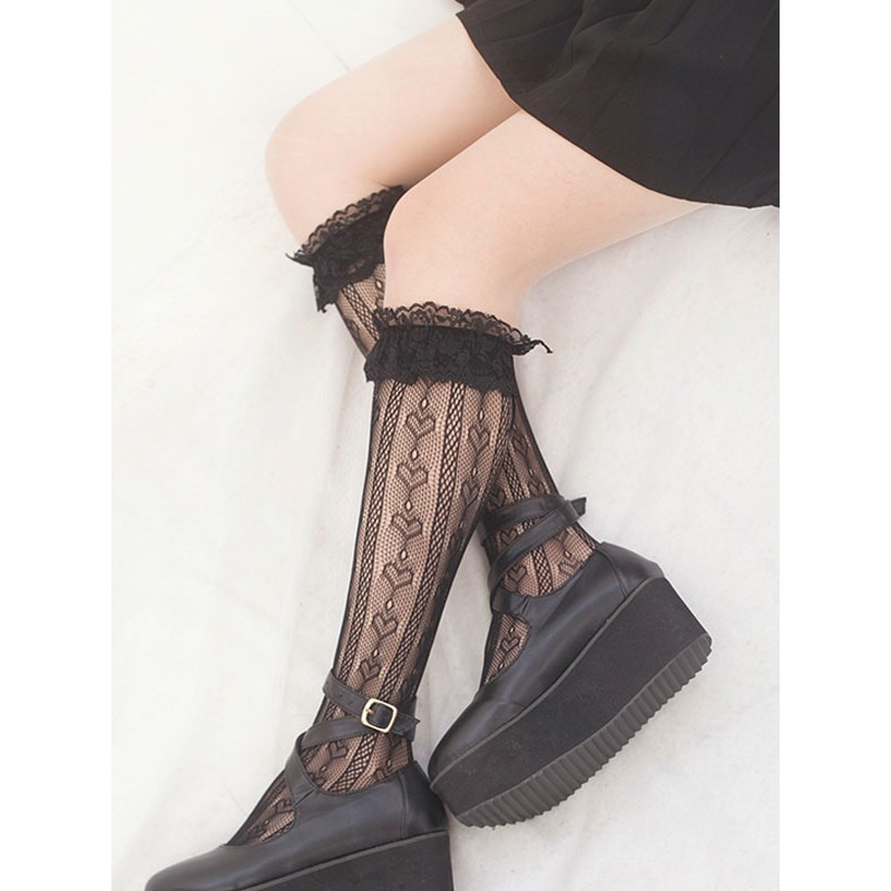 Black Lolita Stocking Bows Ruffles Lace Socks Cotton Lolita Accessories Daily Casual Tea Party